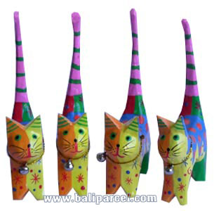 Wooden Cat Set Of 4 With Painted, Hand Carved From Albesia Wood