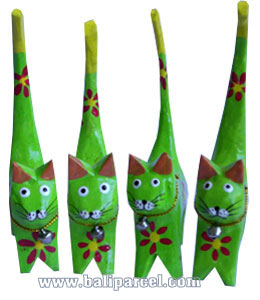 Wooden Cat Set Of 4 With Painted, Hand Carved From Albesia Wood