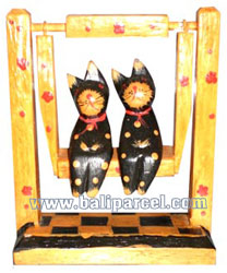 Wooden Cat With Painted, Hand Carved From Albesia Wood