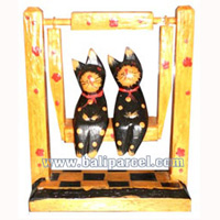 Wooden Cat With Painted, Hand Carved From Albesia Wood