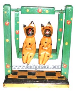 Wooden Cat With Painted, Hand Carved From Albesia Wood