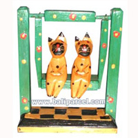 Wooden Cat With Painted, Hand Carved From Albesia Wood