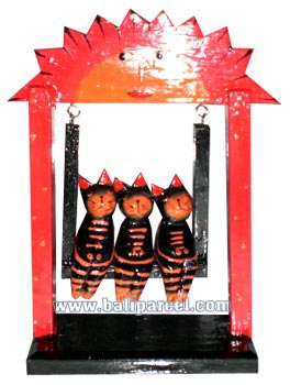 Wooden Cat With Painted, Hand Carved From Albesia Wood