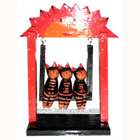 Wooden Cat With Painted, Hand Carved From Albesia Wood