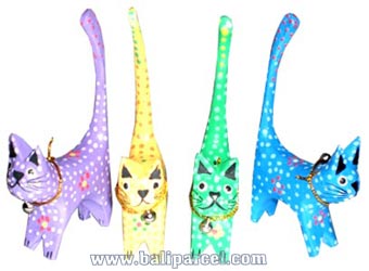 Wooden Cat Set Of 4 With Painted, Hand Carved From Albesia Wood