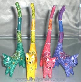 Wooden Cat With Painted, Hand Carved From Albesia Wood