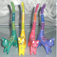 Wooden Cat With Painted, Hand Carved From Albesia Wood