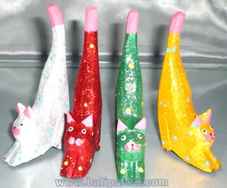Wooden Cat Set Of 4 With Painted, Hand Carved From Albesia Wood