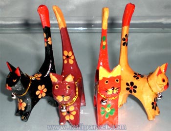 Wooden Cat Set Of 4 With Painted, Hand Carved From Albesia Wood
