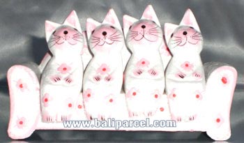 Wooden Cat With Painted, Hand Carved From Albesia Wood