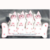Wooden Cat With Painted, Hand Carved From Albesia Wood