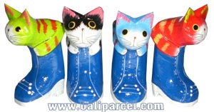 Wooden Cat Set Of 4 With Painted, Hand Carved From Albesia Wood