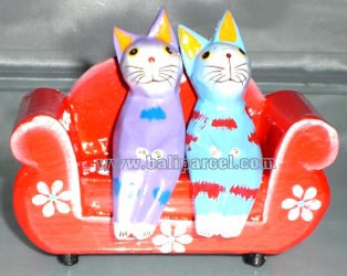 Wooden Cat Set Of 4 With Painted, Hand Carved From Albesia Wood