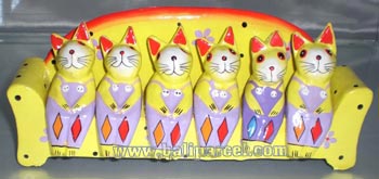 Wooden Cat With Painted, Hand Carved From Albesia Wood
