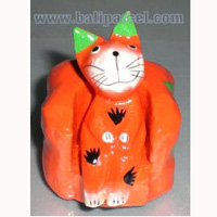 Wooden Cat With Painted, Hand Carved From Albesia Wood