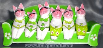 Wooden Cat With Painted, Hand Carved From Albesia Wood