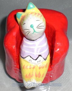 Wooden Cat With Painted, Hand Carved From Albesia Wood