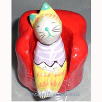 Wooden Cat With Painted, Hand Carved From Albesia Wood