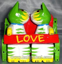 Wooden Cat With Painted, Hand Carved From Albesia Wood
