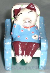 Wooden Cat With Painted, Hand Carved From Albesia Wood
