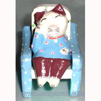 Wooden Cat With Painted, Hand Carved From Albesia Wood