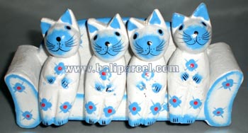 Wooden Cat Set Of 4 With Painted, Hand Carved From Albesia Wood