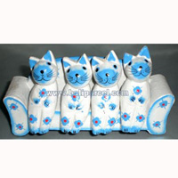 Wooden Cat Set Of 4 With Painted, Hand Carved From Albesia Wood