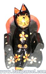 Wooden Cat With Painted, Hand Carved From Albesia Wood