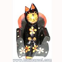Wooden Cat With Painted, Hand Carved From Albesia Wood