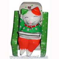 Wooden Cat With Painted, Hand Carved From Albesia Wood