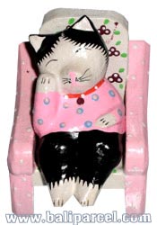 Wooden Cat With Painted, Hand Carved From Albesia Wood