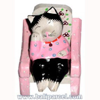 Wooden Cat With Painted, Hand Carved From Albesia Wood