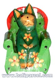 Wooden Cat With Painted, Hand Carved From Albesia Wood