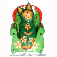 Wooden Cat With Painted, Hand Carved From Albesia Wood