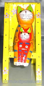 Wooden Cat With Painted, Hand Carved From Albesia Wood