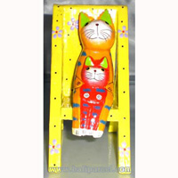 Wooden Cat With Painted, Hand Carved From Albesia Wood