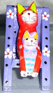 Wooden Cat With Painted, Hand Carved From Albesia Wood