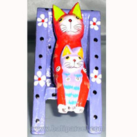 Wooden Cat With Painted, Hand Carved From Albesia Wood