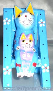 Wooden Cat With Painted, Hand Carved From Albesia Wood