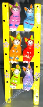 Wooden Cat With Painted, Hand Carved From Albesia Wood