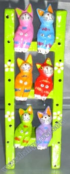 Wooden Cat With Painted, Hand Carved From Albesia Wood