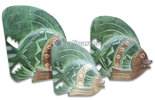 Tropical Fish Set Of 3 With Painted, Handcarved From Albesia Wood 