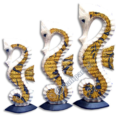 Sea Horse Set Of 3 With Batik Design, Handcarved From Albesia Wood  