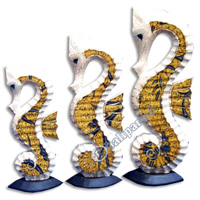 Sea Horse Set Of 3 With Batik Design, Handcarved From Albesia Wood  