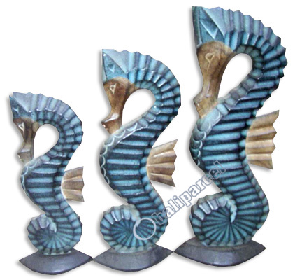 Sea Horse Set Of 3, Handcarved From Albesia Wood  