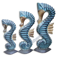 Sea Horse Set Of 3, Handcarved From Albesia Wood  