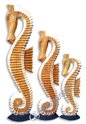 Sea Horse Set Of 3, Handcarved From Albesia Wood  