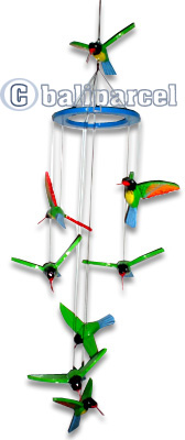 Hanging Bird Mobile With Painted, Handcrafted From Albesia Wood