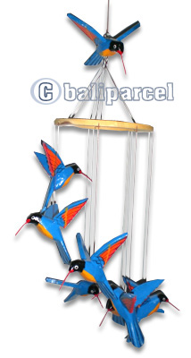 Hanging Bird Mobile With Painted, Handcrafted From Albesia Wood