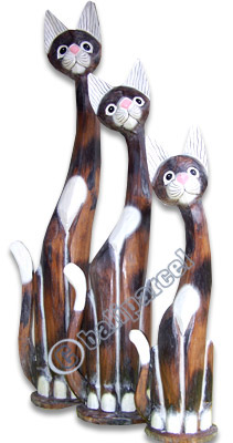 Wooden Cat Set Of 3 With Painted, Hand Carved From Albesia Wood